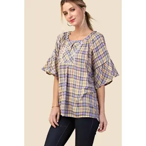 Kori Plaid Ruffle Sleeve Blouse - Banana Mix