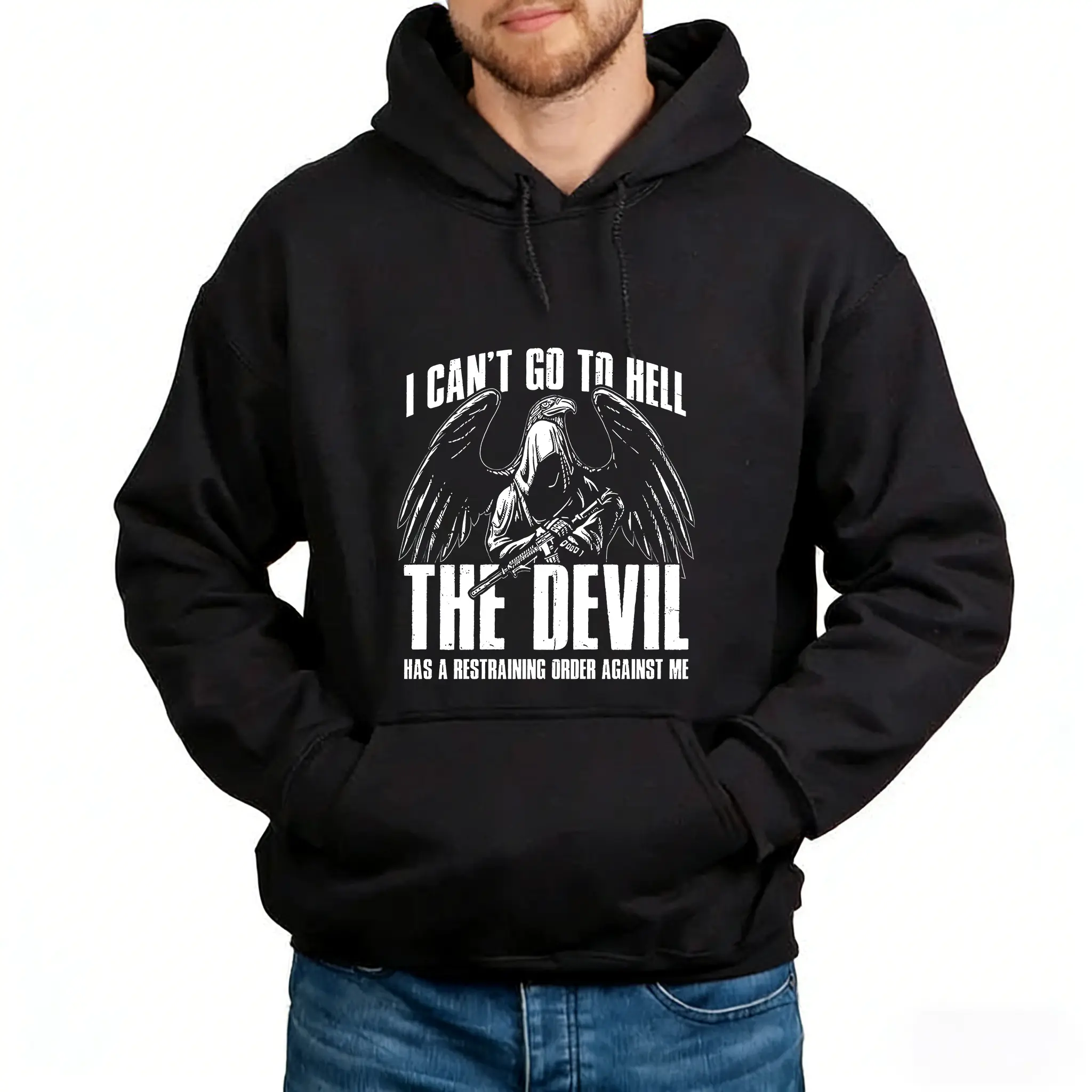 The Devil Has a Restraining Order Hoodie Funny Graphic Sweatshirt Men Streetwear Cozy Pullover