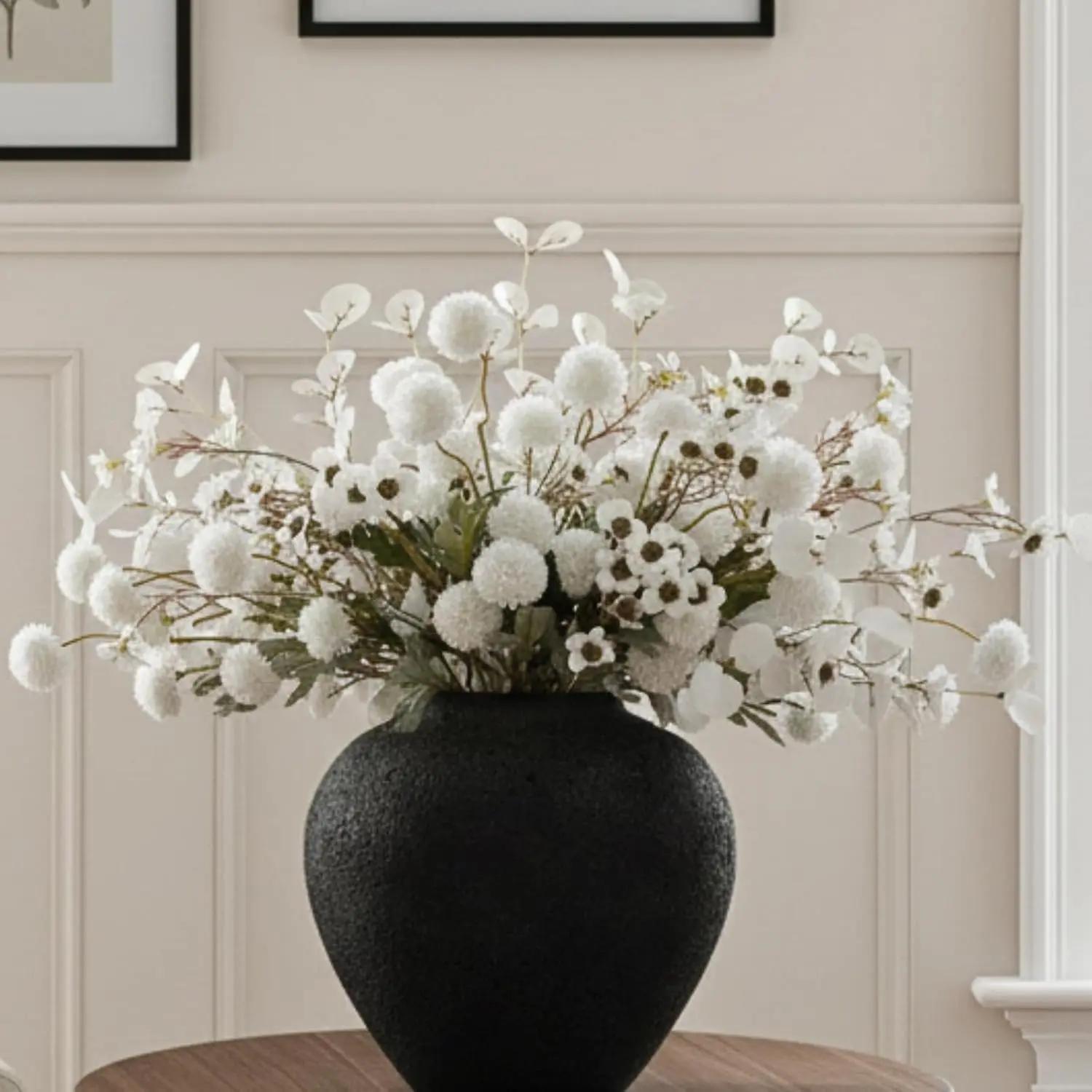 20pcs White Artificial Flowers Bulk Centerpiece For Table, Real Look| Realistic Silk Decor Indoor, Faux Kiku + Eucalyptus Stems + Wildflowers, Artificial White Flowers