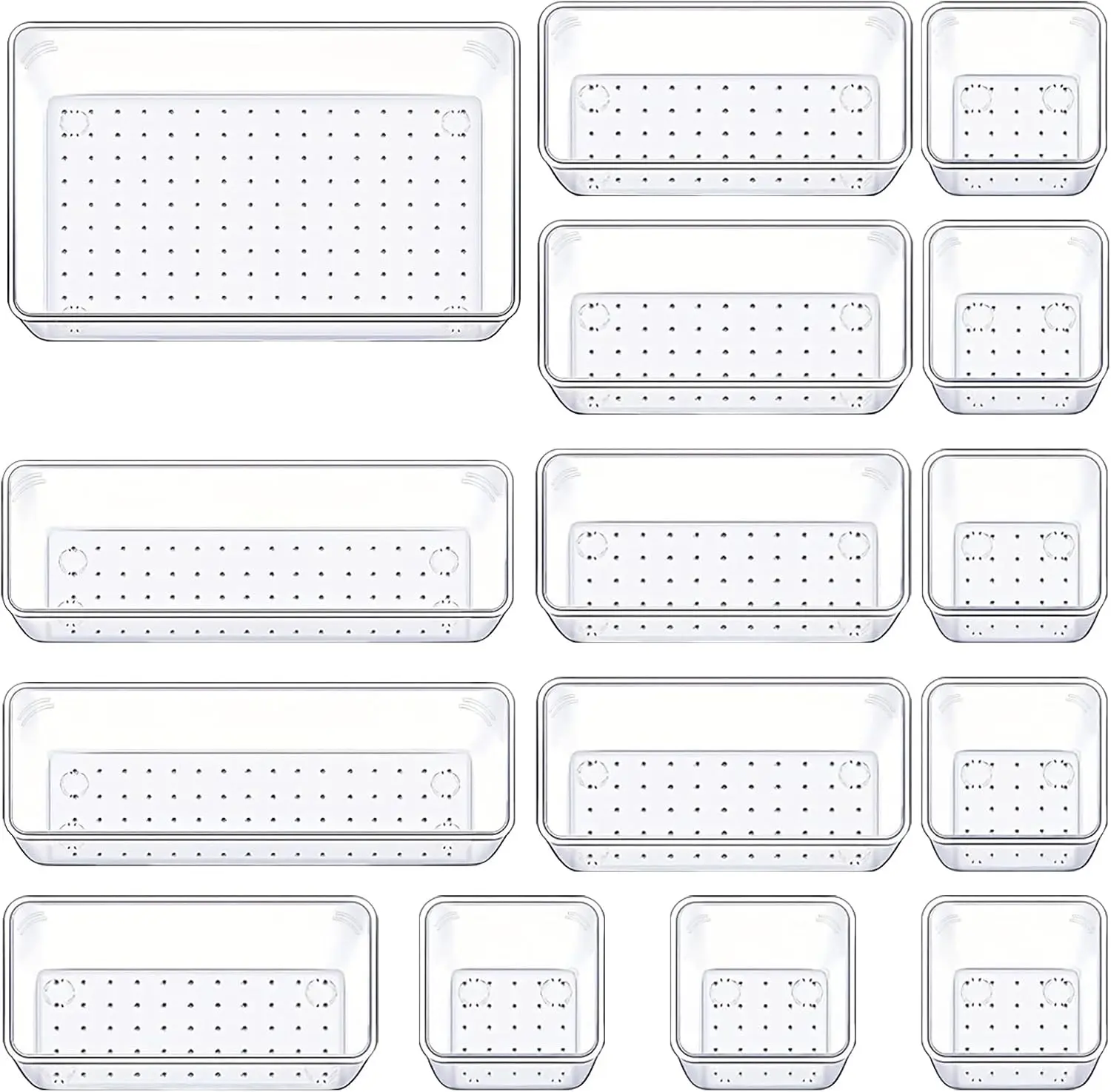 15 Pcs Clear Plastic Drawer Organizer, Makeup & Vanity Organizer | 4-Size Versatile Desk Organizer & Storage Bins for Kitchen, Bathroom, Office, Jewelries, Easy Clean, Stackable, BPA-Free