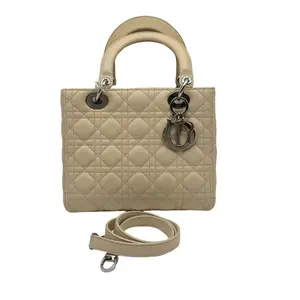 Pre-owned Dior hz9 Lady Dior, Milk Tea / Silver Hardware, Lambskin, Medium Size (5 Grid), Crossbody/Handbag 61125