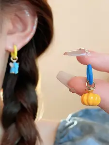 Elephant Pumpkin Dangle Earrings, Pair of Oil-Dripping Elephant Pumpkin Pendant Ear Clips, Unique Design Jewelry for Women & Girls