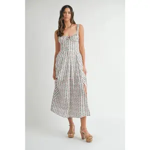 Floral Print Bustier Back Lace Up Midi Dress Cream Elegant Casual Milkmaid Dress Womenswear Comfort Fabric Adjustable Fit Summer