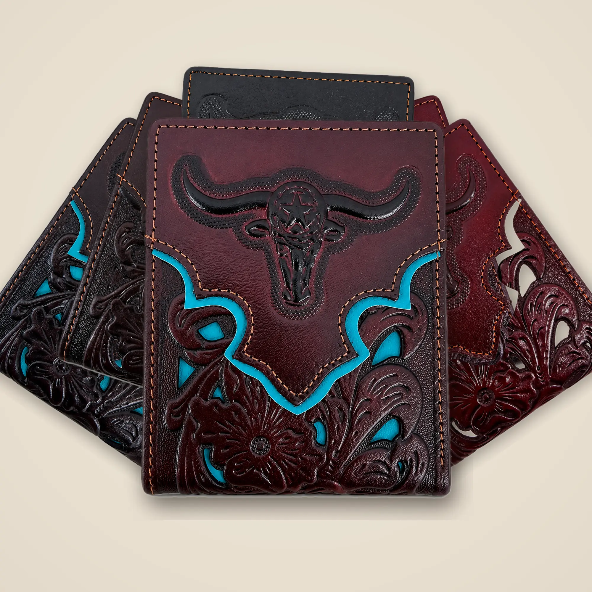 Western Bifold Leather Wallet- Tooled Leather With Longhorn Design- Rodeo Cowboy Wallet for Ranch & Rodeo Style