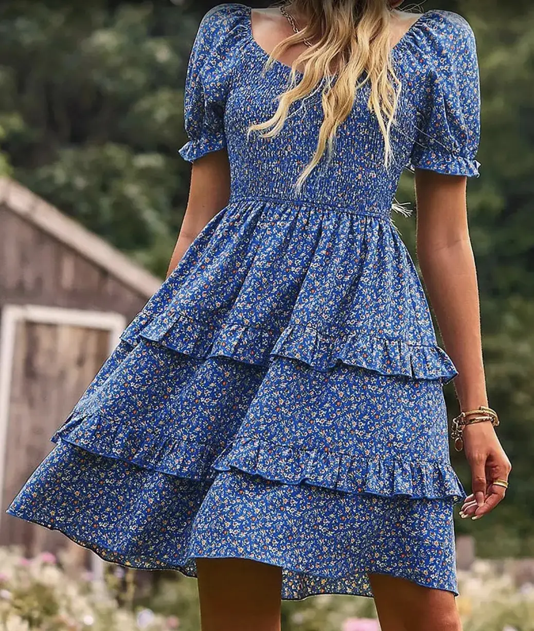 SDEER Women's Blue Floral Print Bubble-Sleeve Tiered Dress with Ruffles and Puff Sleeves for Summer