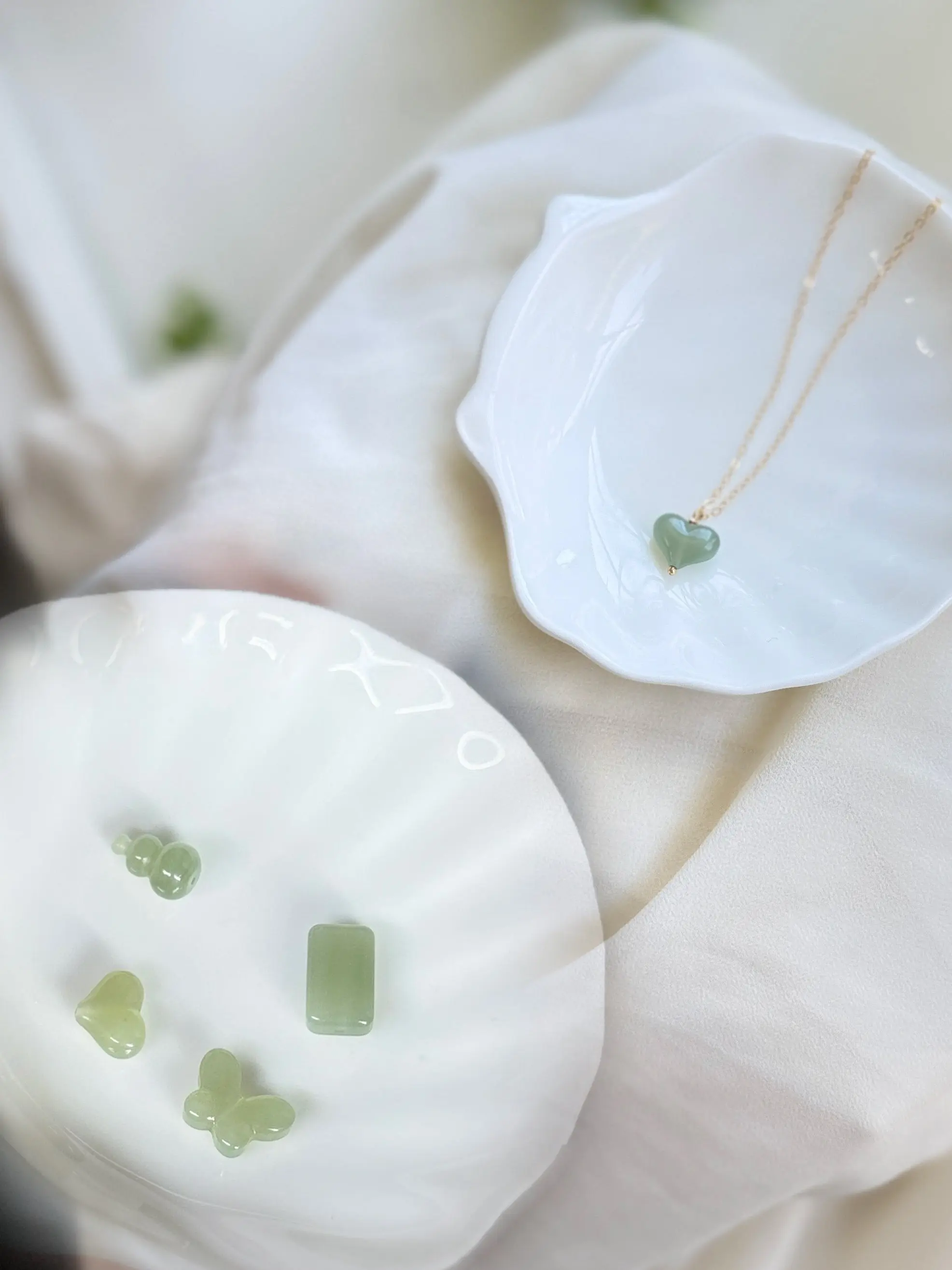 Natural Jade Pendant with Dainty Chain, Heart Gourd Butterfly Rectangle
