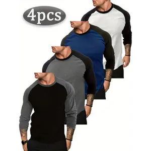 4-piece Set Mens Raglan Long Sleeve Tshirt Casual Vintage Baseball Jersey Tee Muscle Gym Workout Athletic Shirt Soft Basic Tops