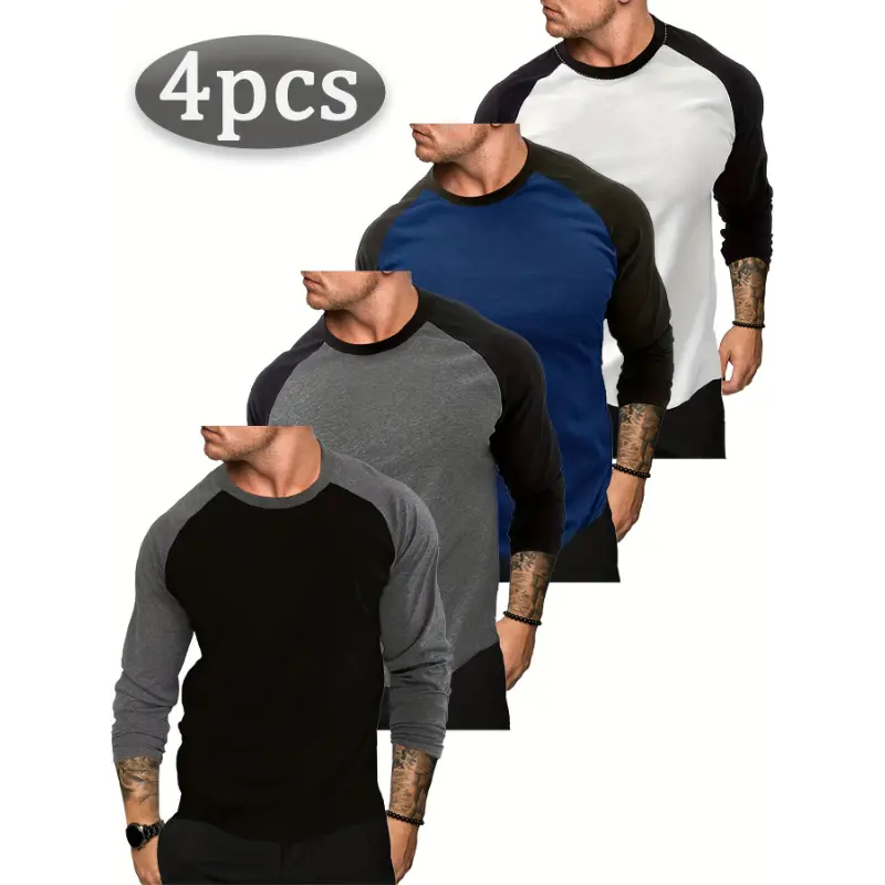 4-piece Set Mens Raglan Long Sleeve Tshirt Casual Vintage Baseball Jersey Tee Muscle Gym Workout Athletic Shirt Soft Basic Tops