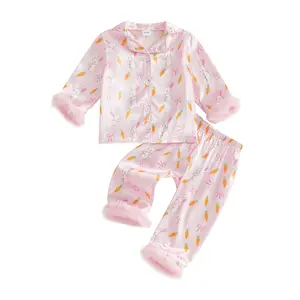 Toddler Girl Easter Satin Pajamas Bunny Carrot/ Easter Coloeful Egg Print Button Down Shirt + Pants Little Kids Baby Girls Silk Pajama