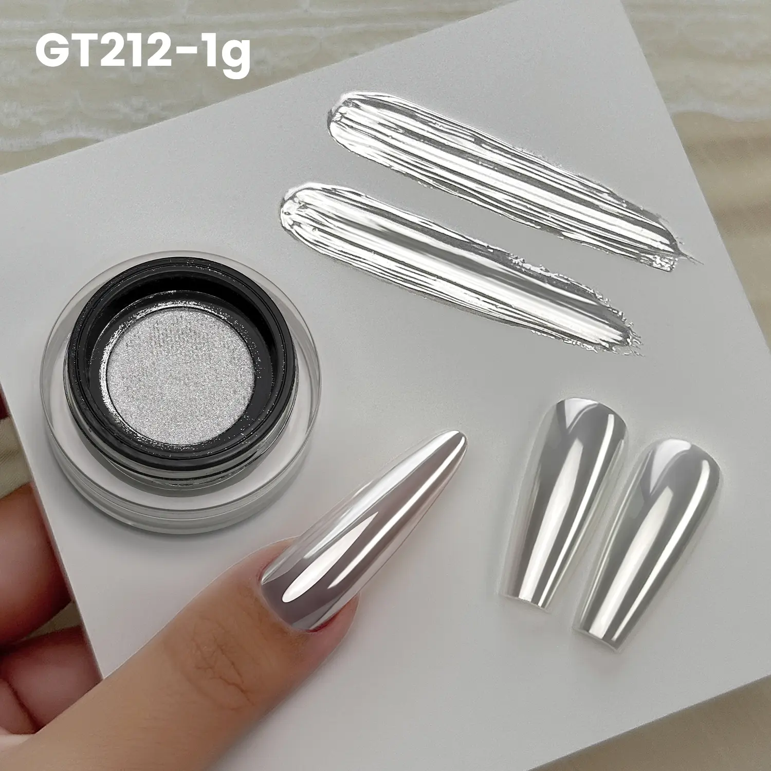 YOKEFELLOW GleamTap Cushion Chrome Nail Powder 1g GT212 Silvery Pearl Nail Chrome Powder Magic Mirror Effect Super Shine Chrome Powder Mirror Powder Nail Art Glitter Decoration for Home DIY Salon Manicure