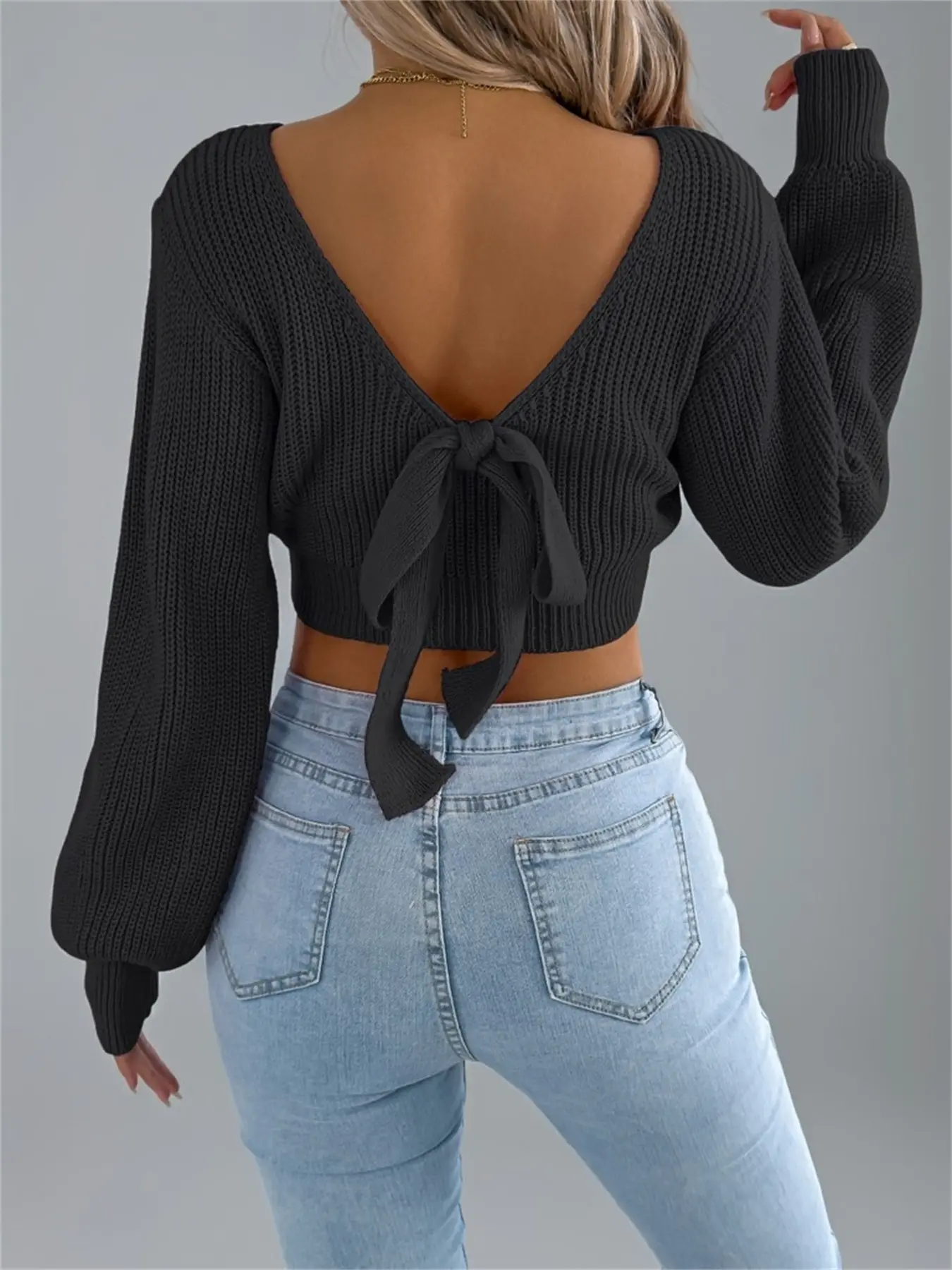Women's Fall Winter Knitted Sweater, Casual Round Neck Long Sleeve Pullover, Backless Lantern Sleeves, Plain Color, Cozy & Stylish, Knitwear