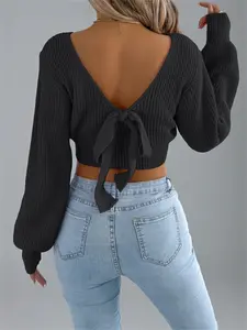 Women's Fall Winter Knitted Sweater, Casual Round Neck Long Sleeve Pullover, Backless Lantern Sleeves, Plain Color, Cozy & Stylish, Knitwear
