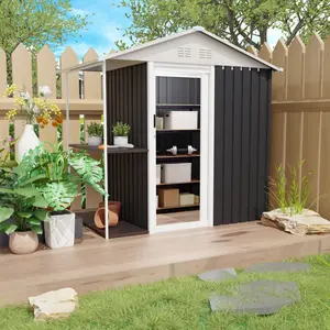 6 x 4 FT Heavy Duty Reinforced Metal Outdoor Storage Shed with Adjustable Storage Shelves & Built-in Rack, All-Weather Waterproof Lockable Rust-Resistant UV-Protected Anti-Corrosion Garden Tool Storage Shed, Easy Assembly Sturdy Bike Storage Cabinet Outdo