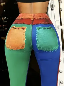 Women's Fashion Faux Denim Colorblock Tight Fit Long Pants, Casual High Waisted Elastic Pants, Stretchy Waist Geometric Design, All Seasons Wear