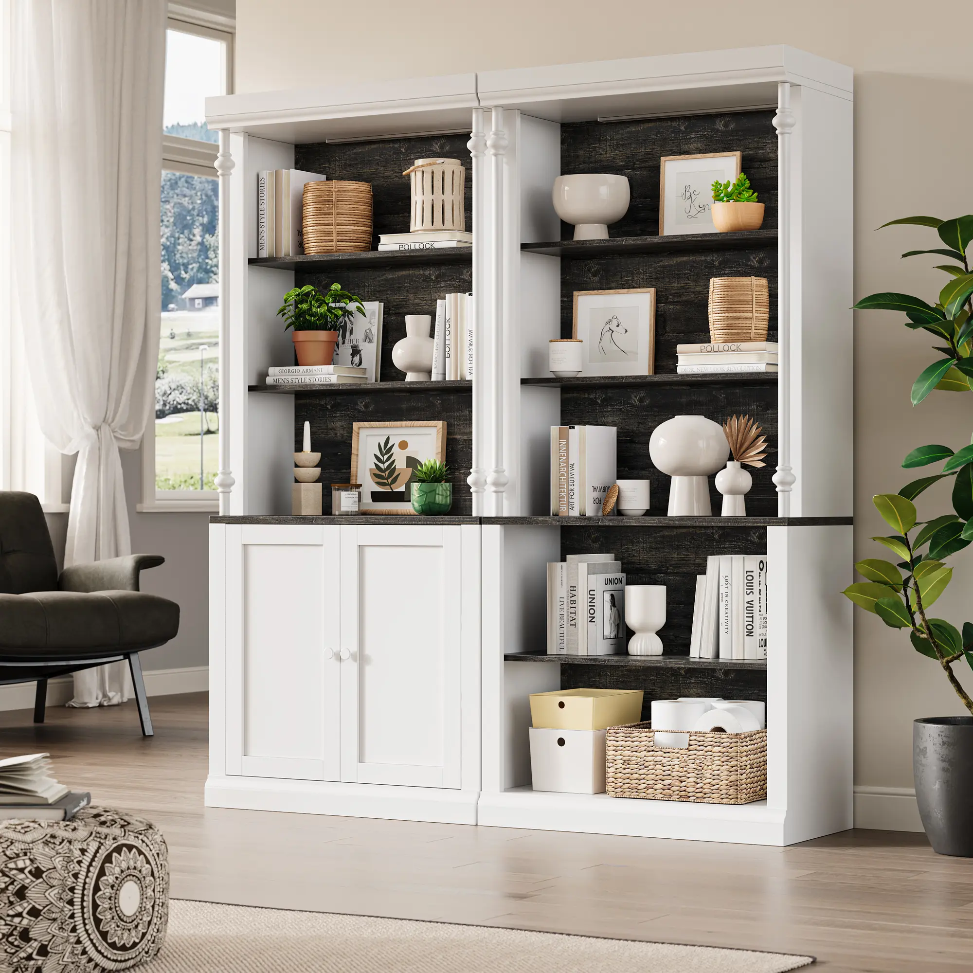 Modern 71-Inch 5-Tier LED Lighting Bookshelf - Adjustable Shelves, Floor-Standing Wood Bookcase with Storage Cabinet, 15.7"d x 31.5"w x 71"h 2-Tone Design with Roman Columns, Assembly Required, Ideal for Bedroom & Living Room, White, Shelf