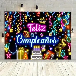 Vibrant Neon-Style Happy Birthday Wall Backdrop Banner, Perfect for Party Decorations & Home Office Use, Ideal for Live Streaming Backgrounds