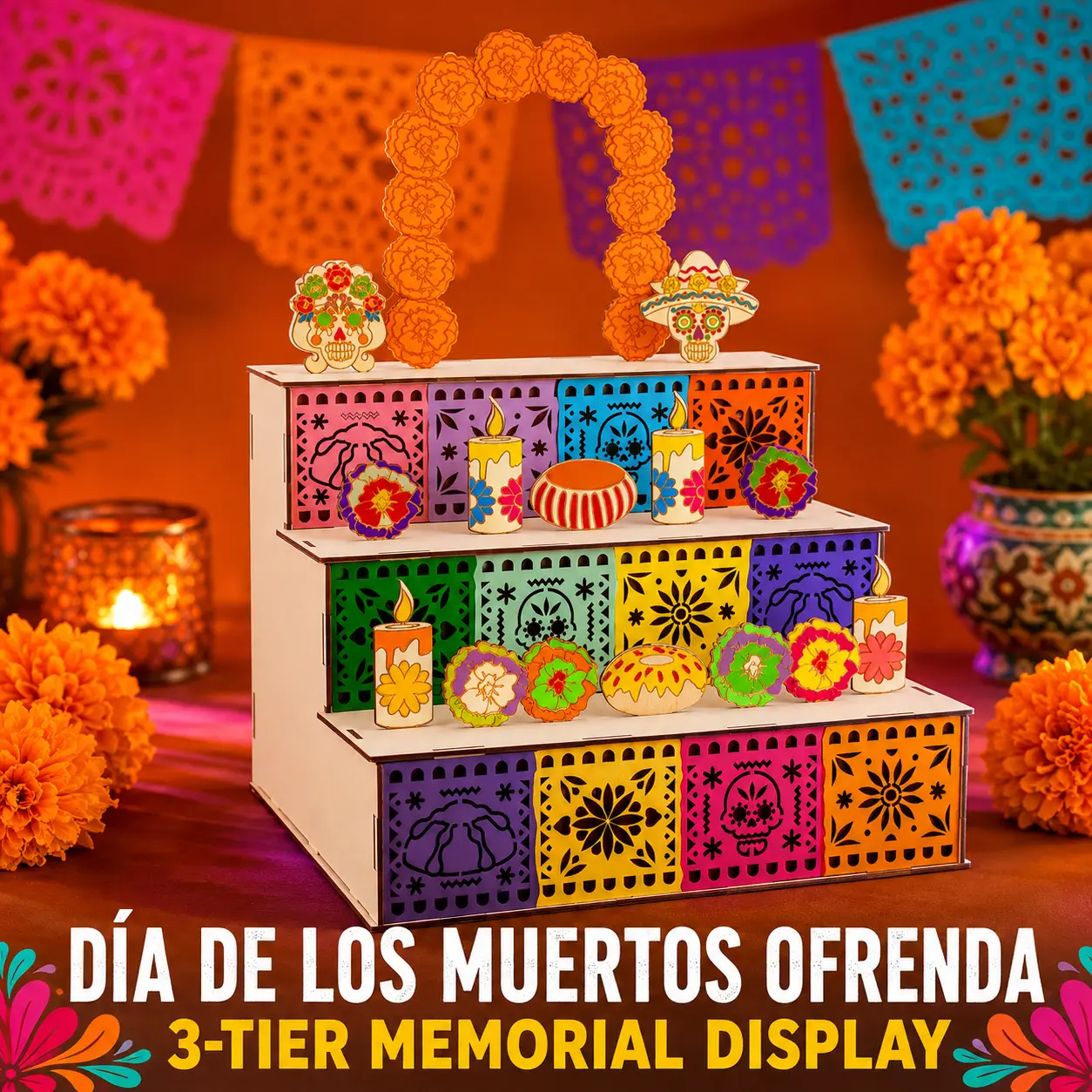 3-Tier Día de los Muertos Altar Decor Set, Mexican Ofrenda Display with Skull, Marigold, Candle & Papel Picado Decorations for Halloween Party