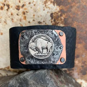 Wide Soldered Buffalo Nickel Coin Leather Bracelet  : Bison Western Jewelry