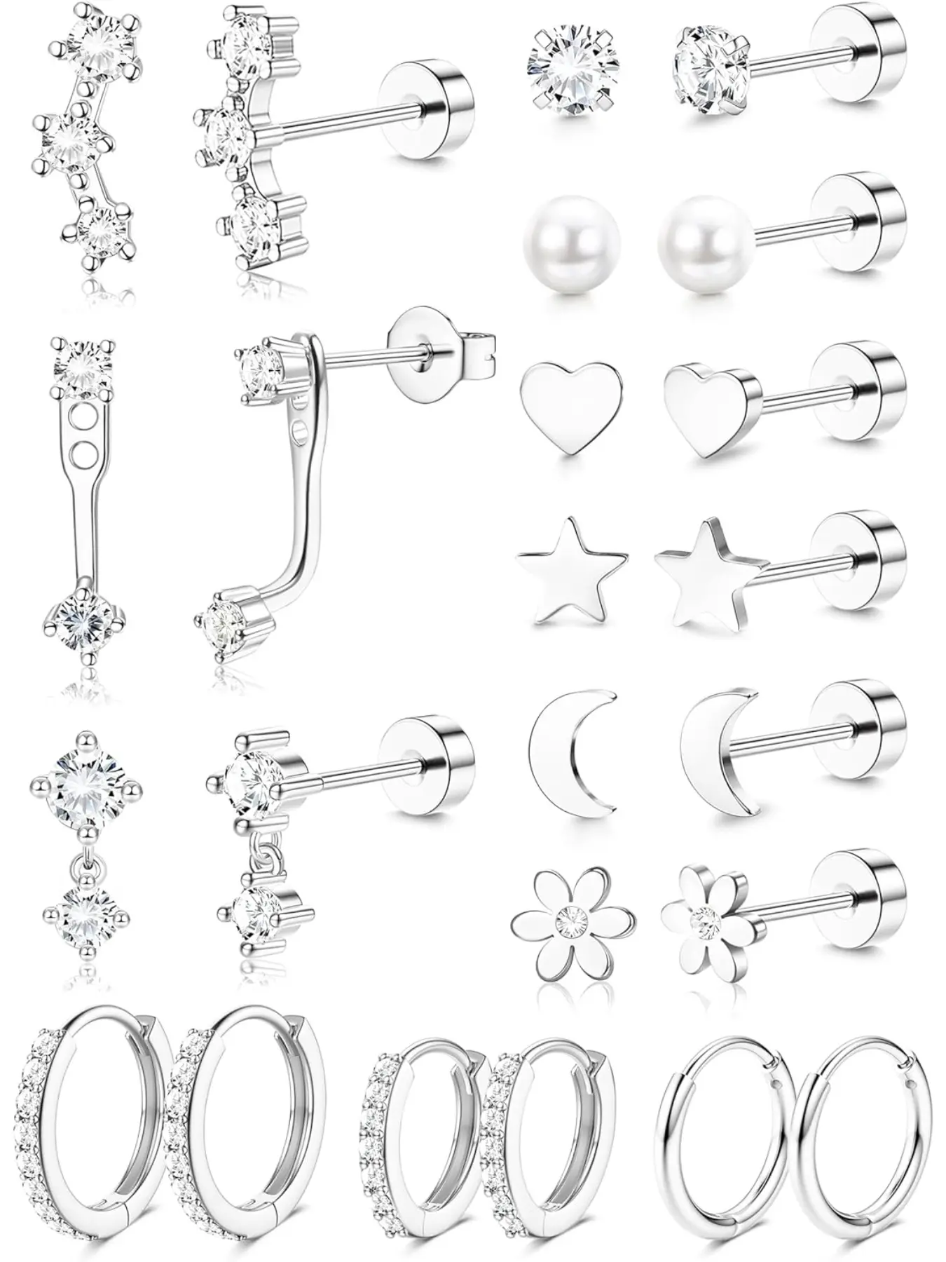 12 Pairs Stud Earrings for Women, Surgical Steel Earring Set, Hypoallergenic Flat Back, Huggie Hoops, Heart Shaped Earrings, Cartilage Tragus Helix Jewelry, Studs Earrings