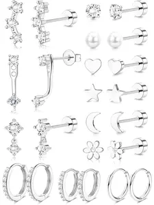 12 Pairs Stud Earrings for Women, Surgical Steel Earring Set, Hypoallergenic Flat Back, Huggie Hoops, Cartilage Tragus Helix Jewelry