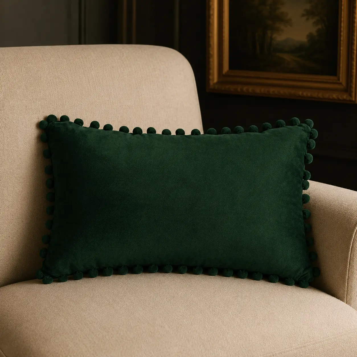 Velvet Pom-Pom Lumbar Throw Pillow