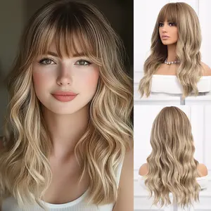 SMILCO 22inch Linen Gold Wave Wig with Bangs High Temperature Rose Mesh Head Cover SM6088 Synthetic Hair Natural Looking Adjustable Breathable