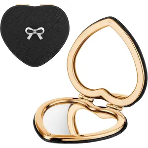 Compact Folding Heart Shaped Double-Sided 1X/2X Magnifying Mini Glitter Makeup Mirror with PU Leather for Women Home, Office and Travel (Gold)