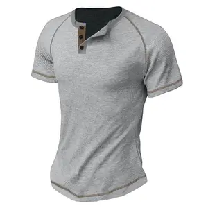 Men's Summer Henley Shirt with Five-Stripe Checker Stitch, Short Sleeve Loose Fit Casual Top, Lightweight Breathable Stylish Comfortable Summer Daily Wear Travel Loungewear
