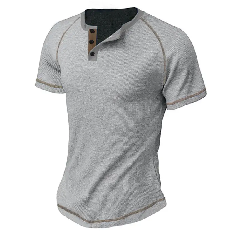 Men's Summer Henley Shirt with Five-Stripe Checker Stitch, Short Sleeve Loose Fit Casual Top, Lightweight Breathable Stylish Comfortable Summer Daily Wear Travel Loungewear