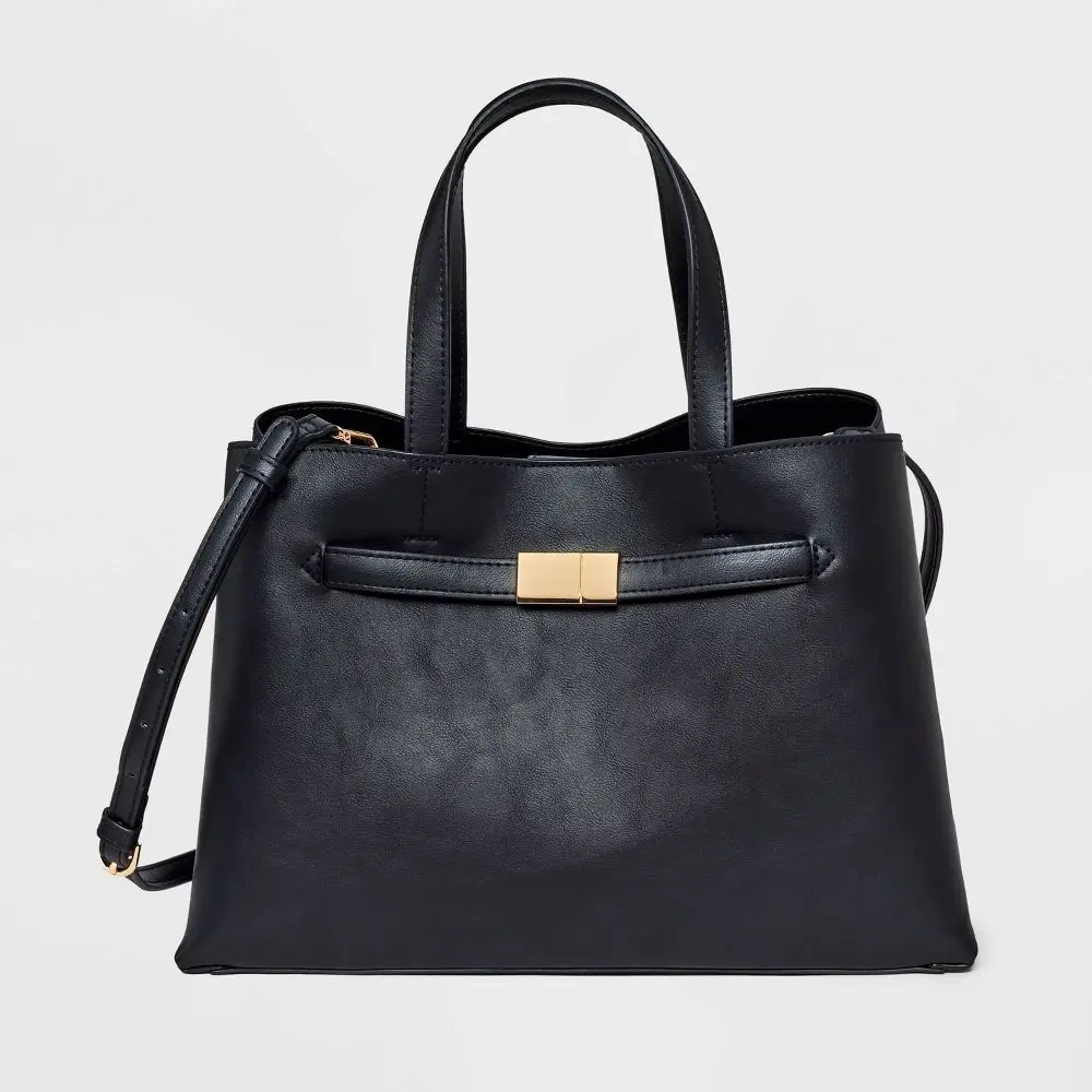 Belted Satchel Handbag - A New Day Black: Magnetic Closure Double Handle Structured Design Belted Satchel Handbag - A New Day Black: Magnetic Closure Double Handle Structured Design