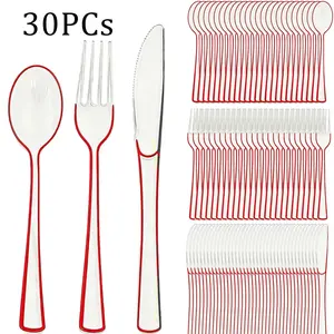 30-Piece Transparent Edge Cutlery Set, Plastic Fork Spoon Knife Set, Western Dining Utensils, Party Tableware, Birthday Valentine's Day