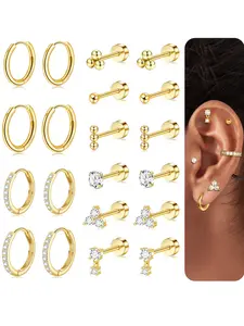 20Pcs 20gauge Flat Back Stud & Hoop Earrings for Women Hypoallergenic Stainless Steel Cartilage Hoops Earring CZ Flatback Stud Earring Sets for Multiple Piercing Stacks