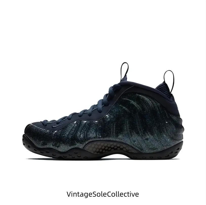 Dark glitter molded high-top sneakers with starry shimmer shell upper, deep navy base mixed with subtle iridescent sparkle creates mysterious night sky texture. Padded high collar stabilizes ankles