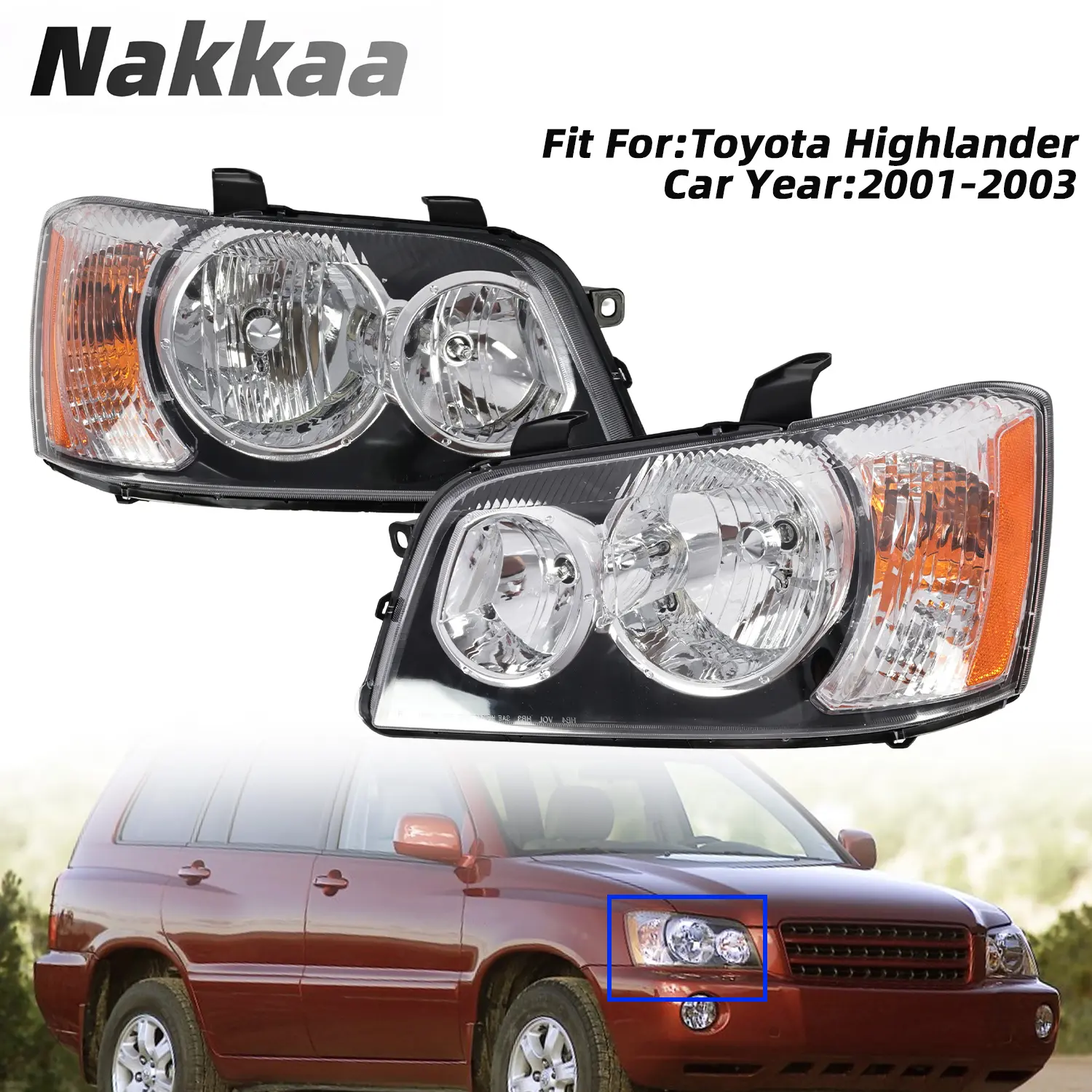 Nakkaa Halogen Headlight Assembly Left & Right Pair Set For 2001-2003 Toyota Highlander Base Limited, Front Light With Bulbs, Vehicle Specific Fit, Direct Install