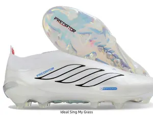 Laceless Pure White Firm Ground Soccer Cleats Bold Black Outline Side Stripes Tiny Blue Text Logos Full Iridescent Transparent Stud Outsole