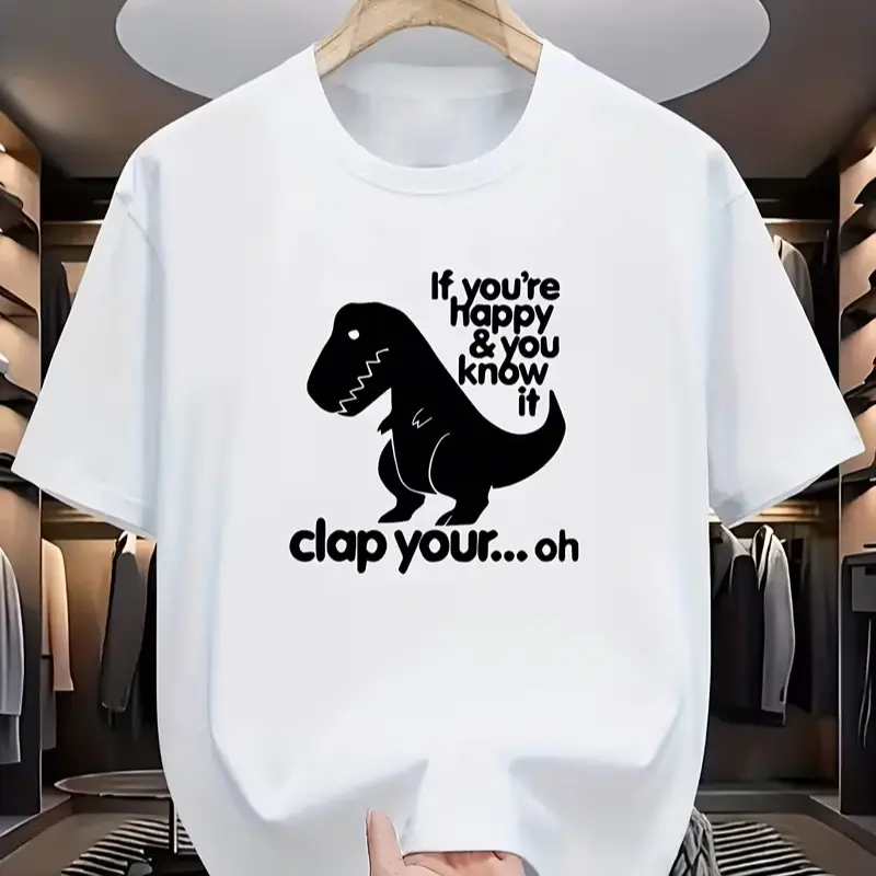 Men's 100% Cotton Printed T-Shirt, Soft Breathable Relaxed Fit Short Sleeve Crew Neck Top, Funny T-Rex Clap Hands Graphic Streetwear, Casual Summer Outfit for Men Women