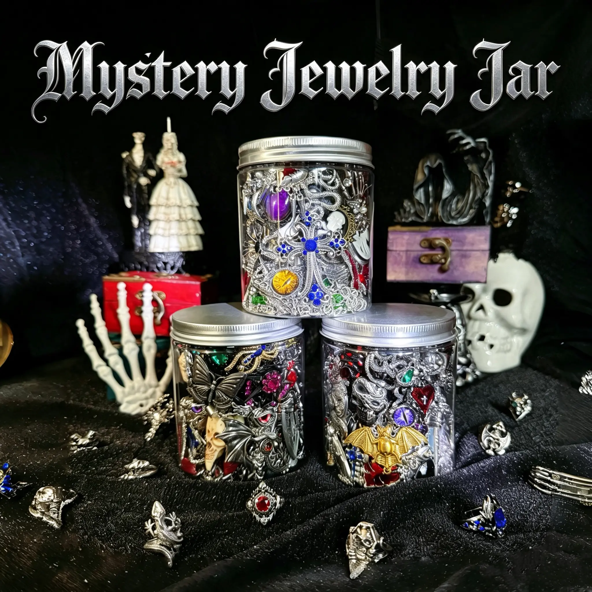 Jollyhit Gothic Mystery Jewelry Jar - Costume Rings Necklaces Earrings for Decorative ,Unique Birthday Gift ,  womens gifts, emo accessories,gifts for girlfriend
