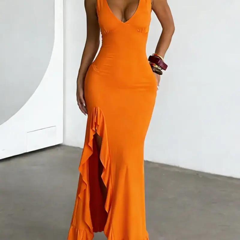 Women's Plain Basic Tank Ruffle Fit Dress, Solid Color Sleeveless Split Hem Slit Dress for Casual Party Club Dating Wear, Ladies Summer Clothes