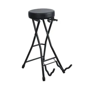 Portable Guitar Stool with Guitar Stand – Folding Guitar Chair with Cushioned Seat and Rubber Feet – Guitar Stools for Adults for Home Studio, Rehearsal Room, Performance Stage, Teaching