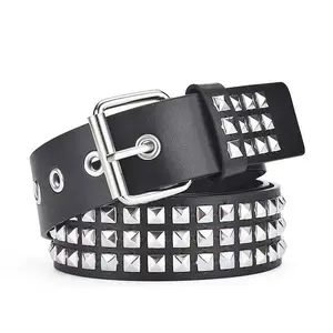 Punk Studded Belt for Women Men, Black PU Leather Waist Belt with Silver Square Rivets, Y2K Goth Streetwear Belt for Jeans and Skirts, 115cm Long