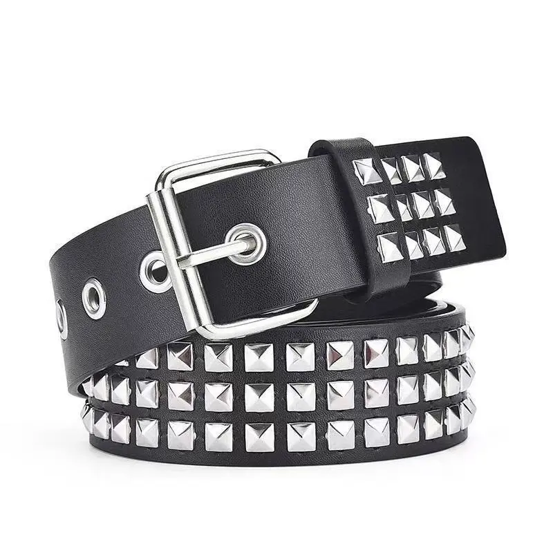 Women's Punk Black PU Leather Belt - Adjustable Buckle, Silver Square Rivets, 115cm Belts for Jeans, Cargo Pants, Concerts, Goth Streetwear Accessory to Elevate Your Style