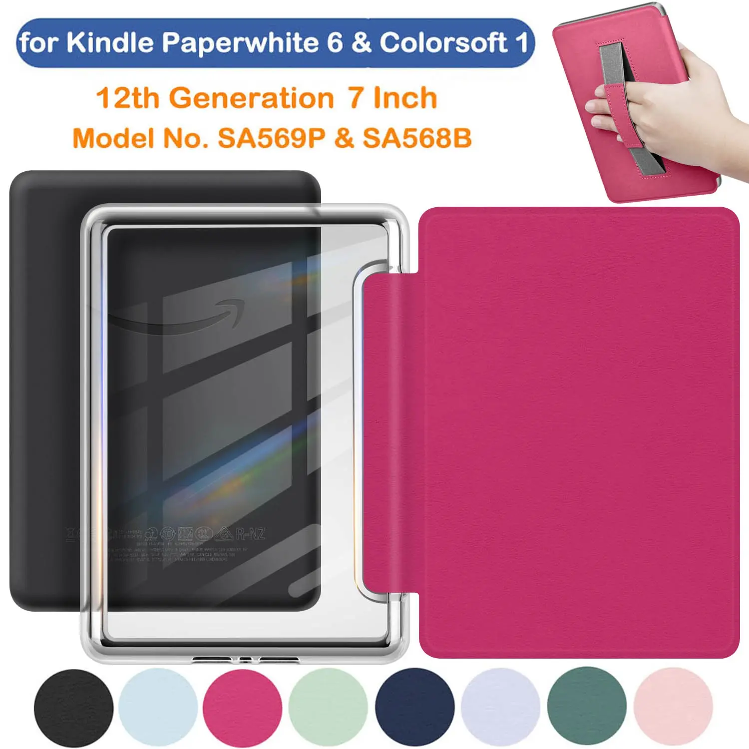 Handle Case for Kindle Paperwhite 12th Generation and Colorsoft 7 Inch (Model No. SA569P SA568B) 7'' Accessories 12 Gen Protective Pouch Handheld Clear Back with Automatic Sleep/Wake Acrylic Cover Durable Durability