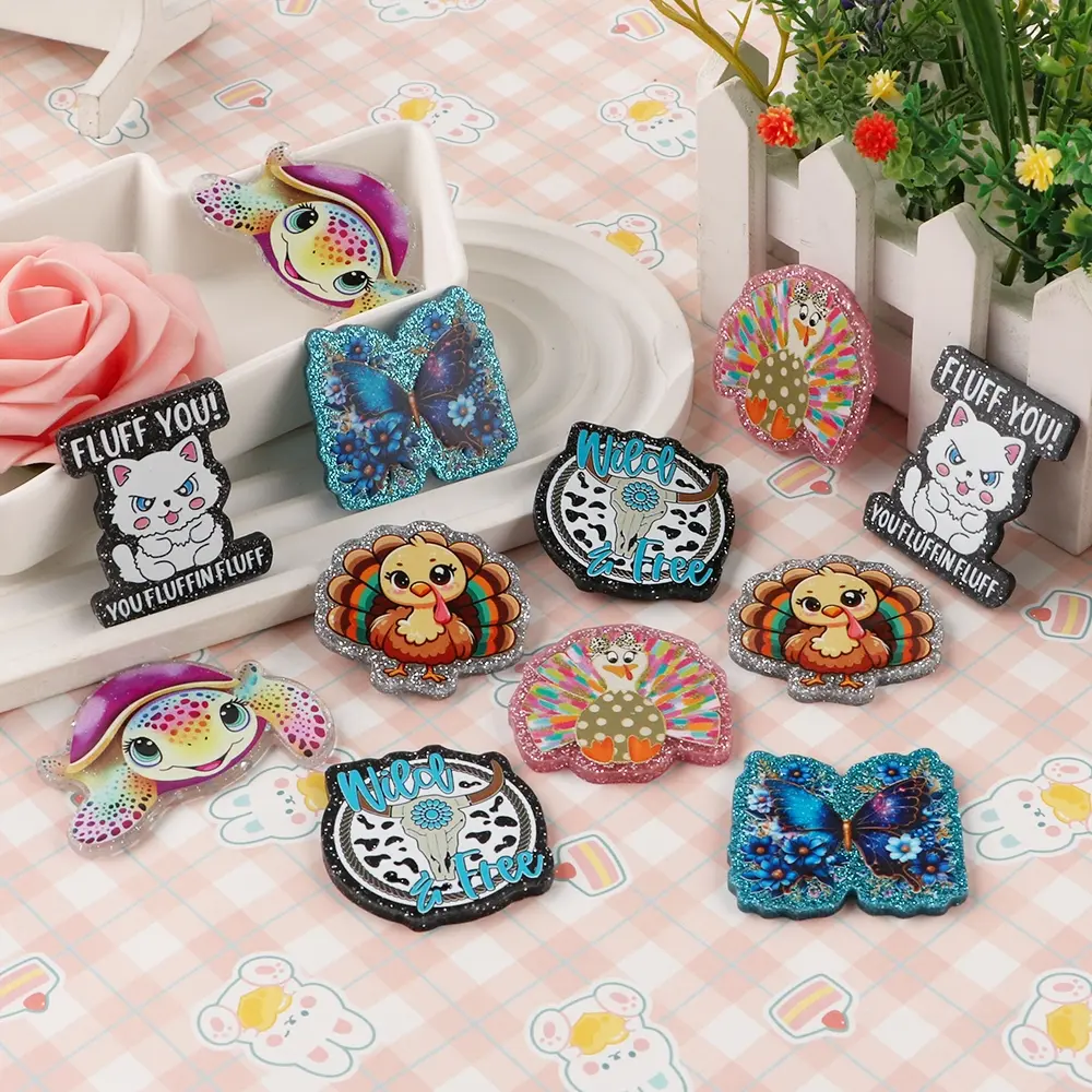 3 Piece Glitter Resin Acrylic Flatback Charms, Animal Theme DIY Craft Supplies, DIY Craft Embellishments, Turtle Cow Chicken Cat Designs, Perfect for Badges & Accessories