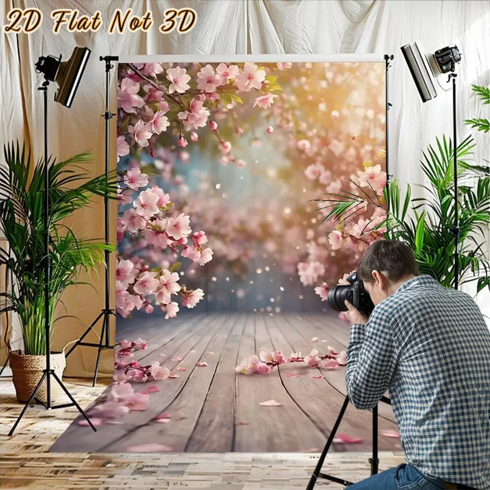 1PC Polyester 2D Flat Dreamy Blush Pink Cherry Blossom & Wooden Board Photography Backdrop - Cross-Border Hot-Selling Indoor Prop for Happy Birthday & Festival Events, Kids & Adults Banners