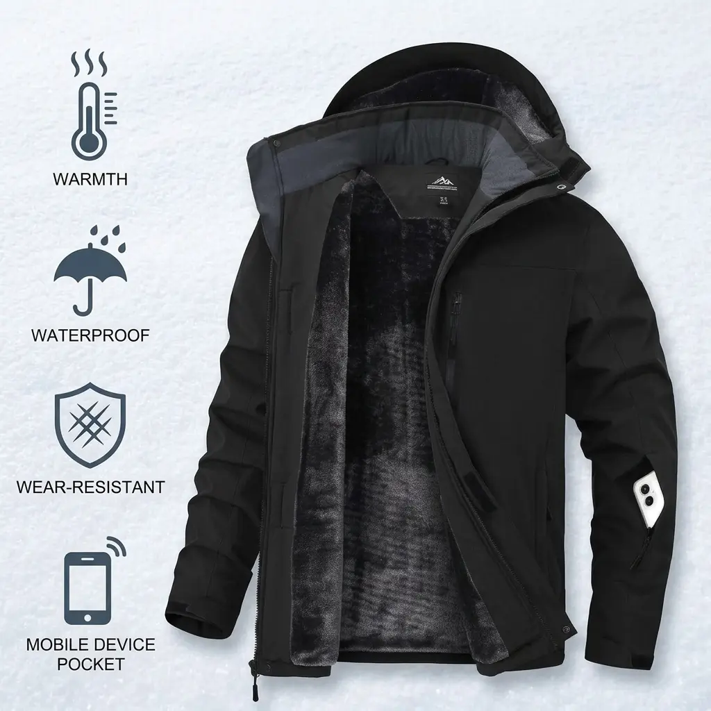 Men’s Thick Regular Polyester-Cotton Plain Thermal Soft Hooded Fleece Jacket - Water-Resistant, Insulated Sports Outerwear with Pocket, Long Sleeve Shell Outer for Cold Weather Hiking Ski Coat