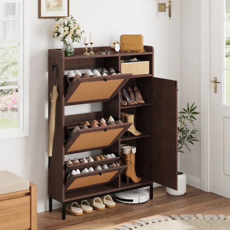 GARVEE Shoe Cabinet with 3 Flip Drawers and 4-Tier Shoe Storage Cabinet, Freestanding Shoe Organizer with Adjustable Shelf and Rattan Doors for Entryway, Closet, Hallway, Deep Cherry