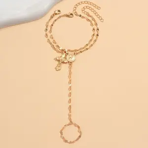 2-piece Set of Women's Gold Bracelets Cubic Chain Bracelet Set with Cross Charm Fashion Ring Bracelet Jewelry