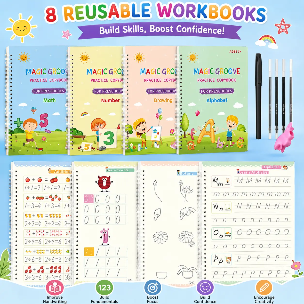4-Pack Reusable Magic Groove Copybooks Kit, Large Preschool Learning Materials for Kids Ages 3-8, Study Materials & School Supplies with Disappearing Ink, 1 Pen for Letter/Number Tracing, Drawing & Math