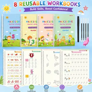 4-Pack Reusable Magic Groove Copybooks, Large Preschool Learning Materials for Kids Ages 3-8, School/Study Supplies with Disappearing Ink, 1 Pen, Letter/Number Tracing, Drawing & Math Learning Kit