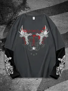 Men's Dark Graphic Print Long Sleeve T-Shirt, Casual Street Style Round Neck Shirt for Spring & Fall, Loose Fit Perfect for Everyday Wear